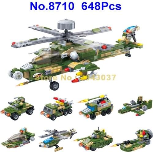 8710 648pcs 8in1 Military Robot Helicopter Fighter Attack Armor Boat Truck Tank Gudi Building Blocks Toy