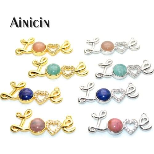 Natural Semi-precious Stone Blue Lapis Rhinestone Crystal Setting Love Shape Connectors Fashion Jewelry Connection 10pcs/lot