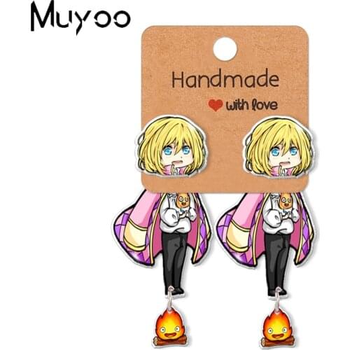 2021 New Anime Howls Moving Castle Howl and Cassifah Fire Epoxy Acrylic Earrings Handcraft Stud Earrings
