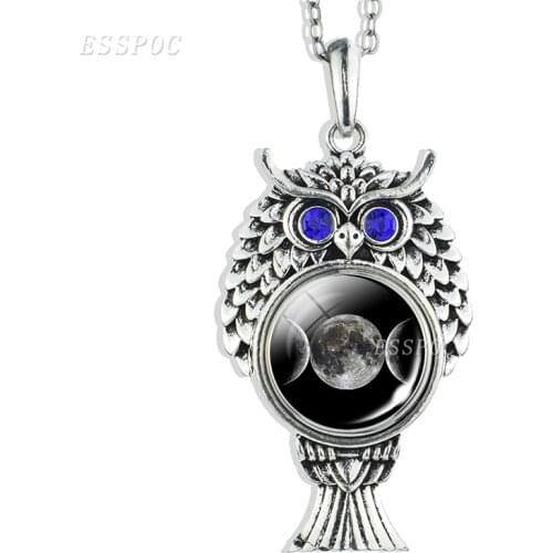Triple Moon Goddess Necklace Chain Owl Shape Pendant Wiccan Jewelry for Women Men