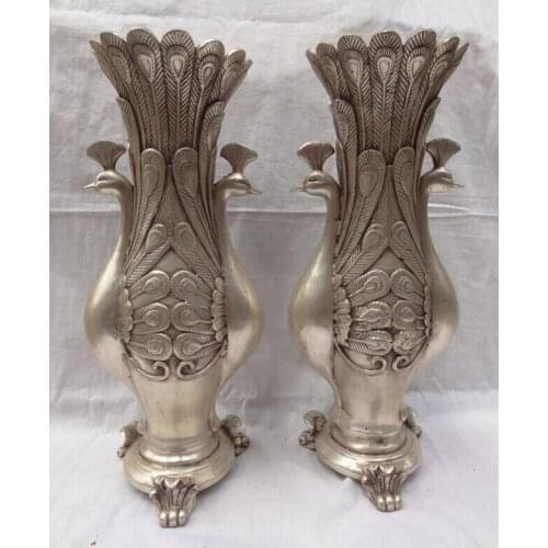 Song voge gem S3084 15" Chinese Silver 2 Phoenix Zun Peacock Head Ball Statue Flower Pot Vase Pair