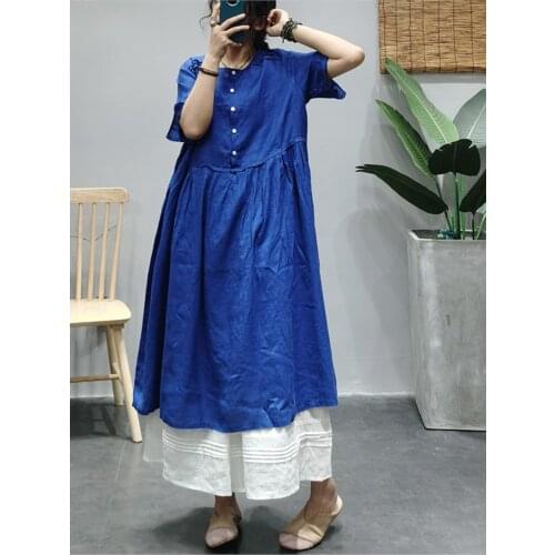 Large size Dress Retro Women 2021 Summer Loose Casual Dress Ladies New O-Neck Button Short Sleeve Spliced Vintage Dress