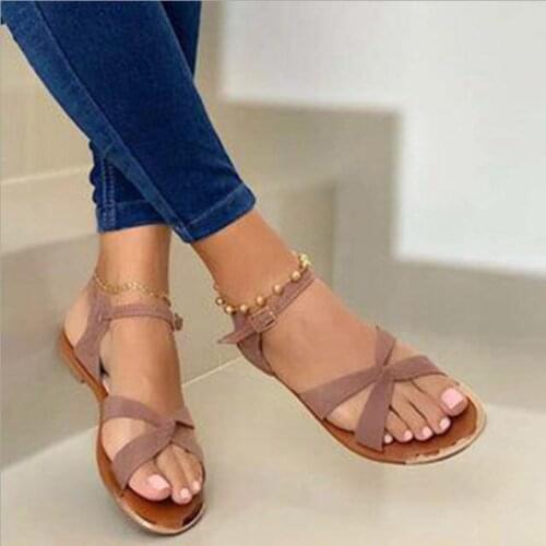 MCCKLE Sandals Women Solid Color Buckle Strap Flat Sandals Ladies Outside Peep Toe Strappy Cross Shoes Female Summer Beach Shoes