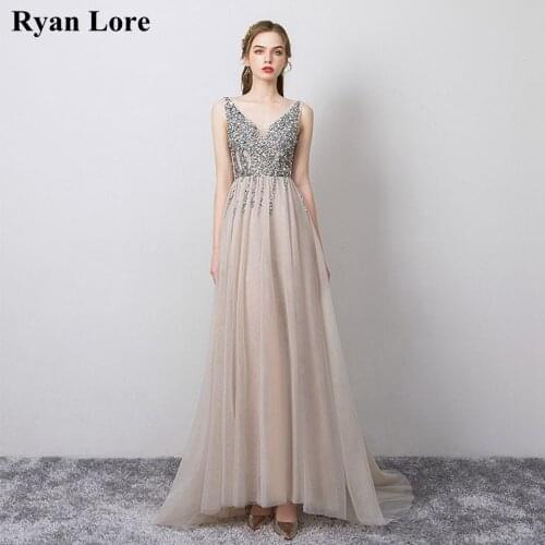 Gray Split Beading Evening Dresses 2020 V-Neck High Split Illusion Sleeveless Prom Gowns A-line Backless Elegant Long Vestidos