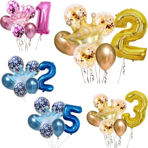 7pcs golden crown sequin set blue pink crown birthday party decoration aluminum foil balloon 32 inch age number one year old cel