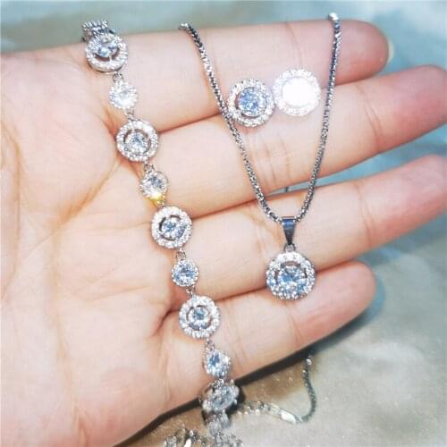 ZAKOL 3 Pcs Classic Round Cubic Zirconia Stud Earrings Necklace Bracelets Sets for Women Fashion Bridal Wedding Jewelry SP3389