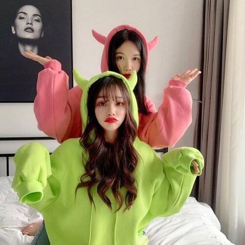 New Cartoon Cute Women Hoodies Autumn Winter Fleece Sweatershirt Candy Color Girls Hoody Korean Sweet Loose Outwear Chic