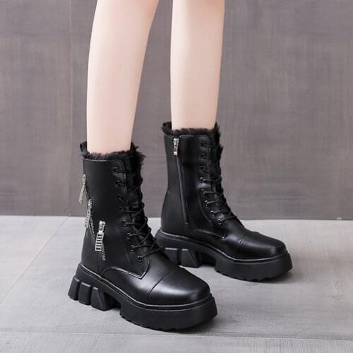 Thick sole fashion leather white snow boots women shoes for female casual 2020 warm plush waterproof botines mujer femmes bottes