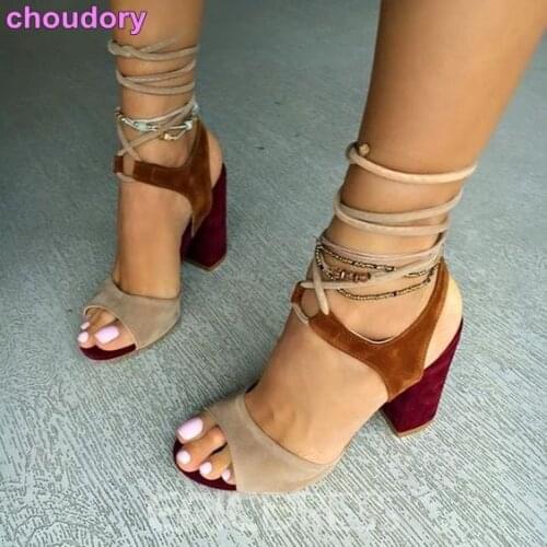 Women Cross Strappy High Heel Sandals Thick Heels Brown Suede Color Block Chunky Heel Sandals Patchwork Dress Shoes Dropship