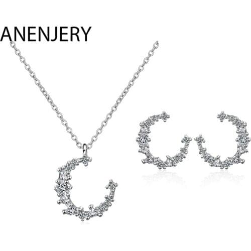 ANENJERY 925 Sterling Silver Jewelry Sets Sweet Flash Zircon Irregular Moon Necklace+Earrings For Women Gift