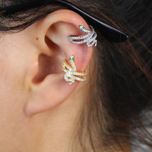 1 Piece Unique Gold Silver Color Animal Snake Shape White Green Cz Ear Cuff Multi Piercing Clip On Earring Women Wedding Gift