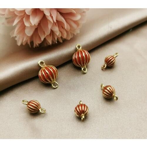 10pcs 3D Gold Color Plated China Red Double Hole Lantern Connectors Charms Pendant High Quality Diy Earring Jewelry Accessories