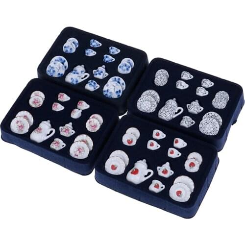8 Patterns 1:12 Miniature 15Pcs Porcelain Tea Cup Set Chintz Flower Tableware Kitchen Dollhouse Furniture Toys For Children