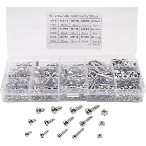 500pcs/box M3 M4 304 Stainless Steel Hex Button Socket Head Cap Screw Nut Hexagon Metric Thread Machine Bolt Assortment Kit Set