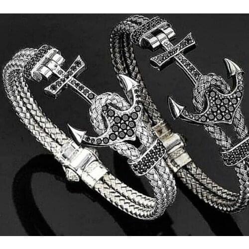 ATOLYESTONE White Gold Anchor Bangle Titanium Steel Rose Gold/Gold Wire For Men Pulsera Costume Jewelry