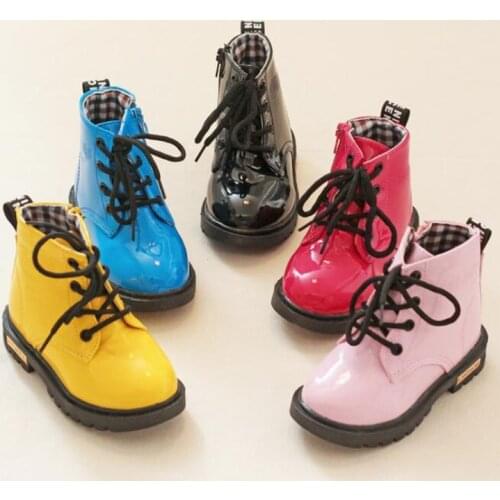 Spring Autumn Patent Leather Children Boots Boys Girls Waterproof Boots Kids Shoes Warm Plush Snow Boots Toddler Sneakers