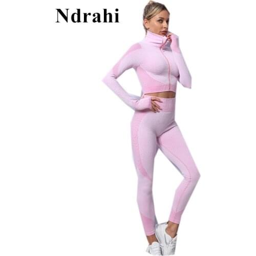 Hot Sell Women’s 2 PCS Yoga Sports Suit Long Sleeve Front Zip Top High Waist Seamless Yoga Leggings Workout Clothes Pink