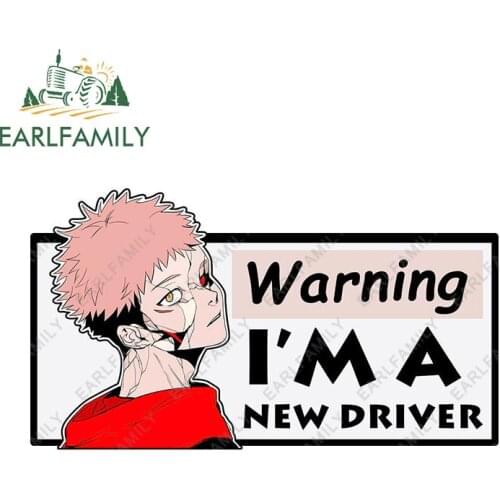 EARLFAMILY 20cm x 10.5cm for Jujutsu Kaisen New Driver Warning Car Stickers Anime Funny Decal Windshield Campervan Trunk Decals