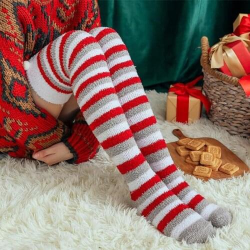 Fashion Striped Long Socks For Women Christmas Party Thigh High Stockings Soft Warm Fluffy Thick Cold Winter Over The Knee Socks