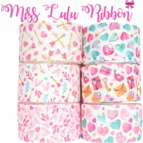 16mm-75mm Happy Valentines Day Pink Heart Flora Arrow Printed Grosgrain/Foe Ribbon DIY Hair Bowknots 50yards/roll