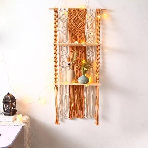 Nodic Bohemian Macrame Tapestry Rack Hand-woven Wall Hanging Flower Storage Wooden Shelf