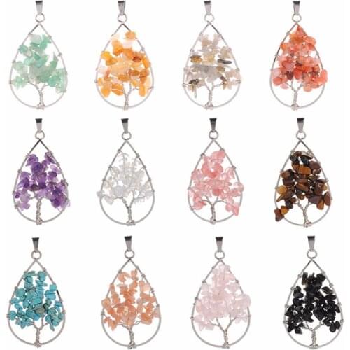 Natural Pendant Chakra Quartz Stone Oval Tree of Life pendulum Pendant DIY Necklace Charm Healing Reiki Beads For Women Jewelry