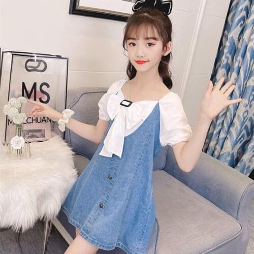 2021 Summer New Denim Patchwork Dresses For Girls Kids Teenager Cute Korean Girl Clothes Children One-Piece Princess Short Dress