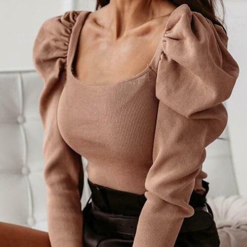 Spring Women Casual Solid Knitwear Crochet Puff Long Sleeve Shirt Knitted Tops Sweater Female Slim Fit Pullover Jumper S-XL