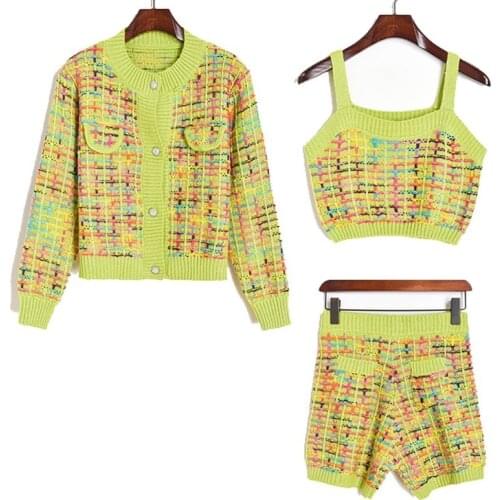 Autumn Winter Vintage Three Pieces Sets Women Clothing Sexy Camisole&knitting Sweater Cardigan Women Tops & Pocket Shorts Female