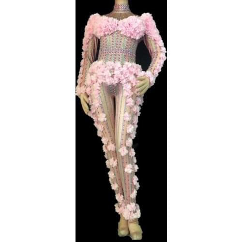 Celebrate Party Wear Singer Stage Performance Costumes for Women Sexy Flower Crystals Stage Bodysuit Costume Evening Jumpsuit