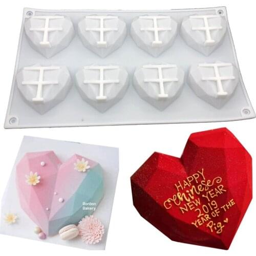 8-Cavity Diamond Love Heart Silicone Cake Mold 3D Fondant Mousse Chocolate Dessert Bakeware Pastry Mould Soap Tool