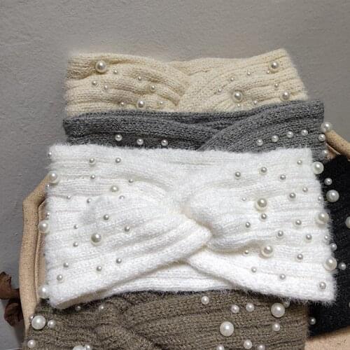 Womens Knit Pearl Ear Warmer Headband Turban Bandana On Head Autumn Winter Elastic Hairband White Hair Accessories Headdress
