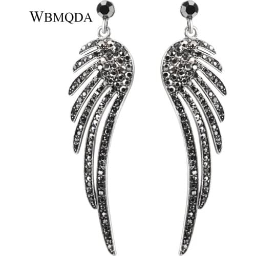 2018 New Charm Womens Drop Earrings Fashion Long Rhinestone Angel Wings Feather Crystal Earrings Vintage Jewelry