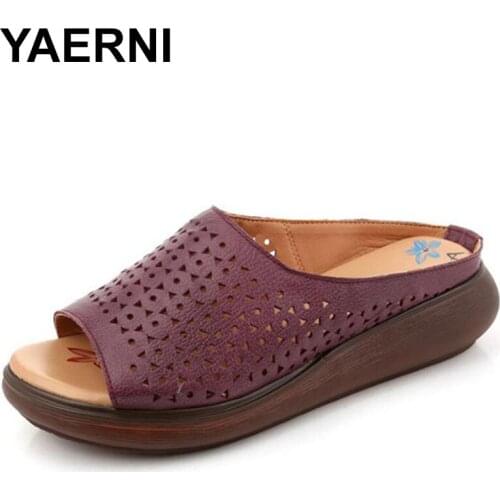 YAERNIsummer new genuine leather soft bottom womens slipper retro leisure comfortable sandals thick bottom non-slip shoes woman