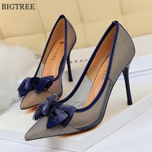 Woman Pointed Toe thin Dress Party Shoes Ladies Sexy Mesh Hollow Black Blue Shoes Women Pumps Fashion Bowknot High Heels Shoes