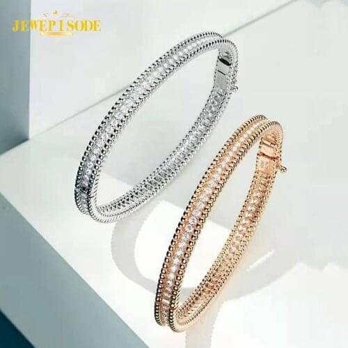 Jewepisode Solid Silver 925 Fine Jewelry Charm Bracelets for Women 18K Rose White Gold Color Simulated Moissanite Diamond Bangle