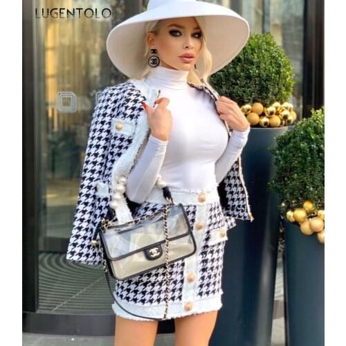 Women 2 Piece Set Elegant Spring Autumn Slim Houndstooth Plaid Button Long Sleeve Zipper Short Skirt Lady Sexy Sets Lugentolo