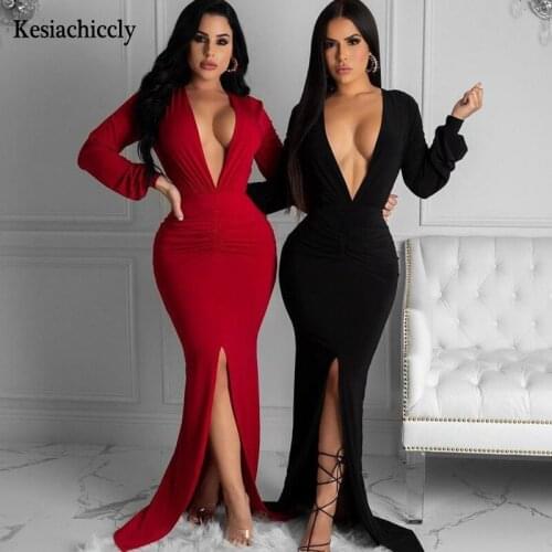 Kesiachiccly Elegant Party Women Dress Slim V Neck Long Sleeve Split Pencil Dress 2021 Casual Office Lady Solid Red Club wear