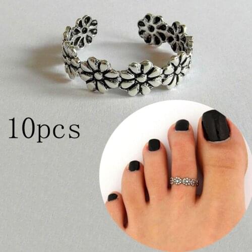 10pcs Summer Retro Daisy Flower Rings Good Luck Feet Ring Beach Foot Ring Toe Unique Feet Rings For Women