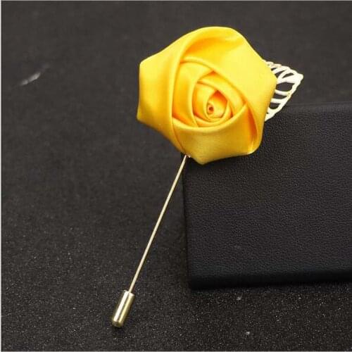 10Pcs/Lot Best Man Groom Boutonniere Yellow Silk Satin Rose Flower men buttonhole Wedding Party Prom Man Suit Corsage Pin Brooch