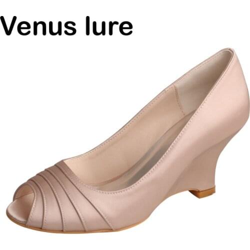 3 in Wedge Wedding Shoes Peep Toe Ladies Party Prom Shoes Nude Color