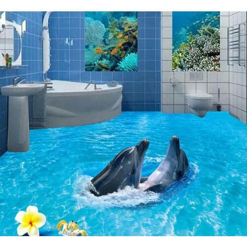 3d floor wallpapers 3D bathroom floor Dolphin Beach Beach floor murals in wall stickers Home Decoration