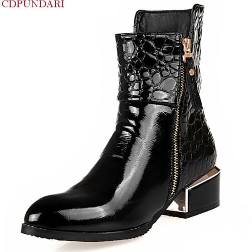 Black Ladies Zipper Med Heels Ankle Boots For Women Spring Autumn Short Boots Punk Shoes Blue Bottines Femme