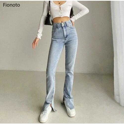 Jeans Woman High Waist Jeans Streetwear Light Blue Denim Trousers Vintage Split Flare Pants Women Korean Pantalon Femme 2021