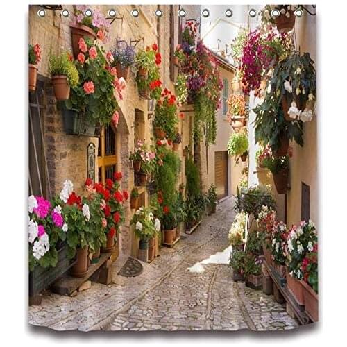 European garden shower curtain with nature scene 3D Flowers Polyester Fabric Decorations 180X200CM Greek scene old street