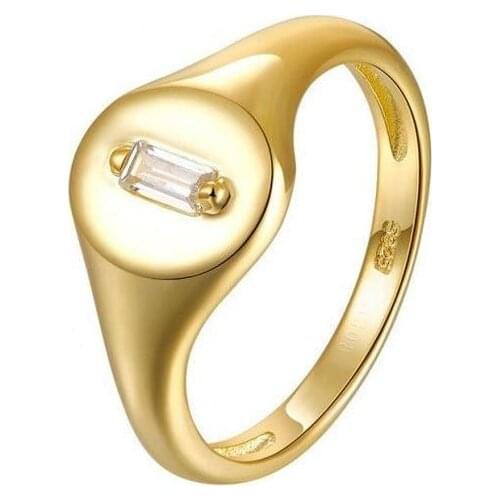 Geometric Single Rectangle Cubic Zirconia Round Signet Gold Plated 925 Sterling Silver Ring For Women