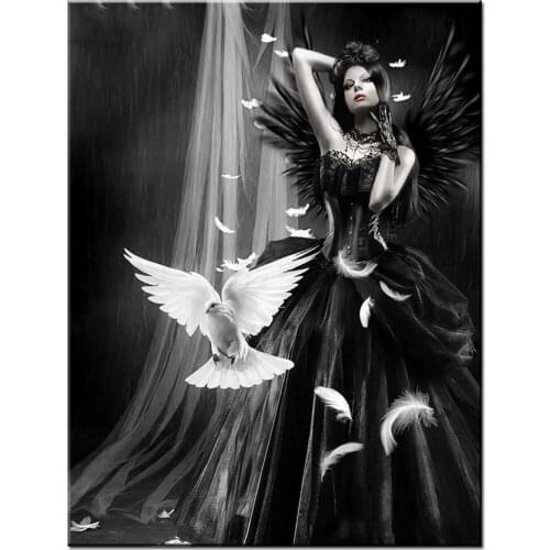 Full Square Round Diamond Painting Angels And Demon Diy Diamond Embroidery Mosaic Darkness Pigeon Woman Cross Stitch KitsZP-4834