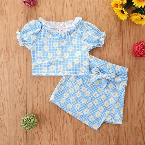2Pcs Little Girls Outfit, Summer Creative Daisy Printing Stringy Selvedge Short Sleeve Button Tops + Pantskirt Set