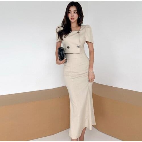 New arrival comfortable temperamental solid 2 pieces women sets short Double breasted jacket and long mermaid skirt elegant sets