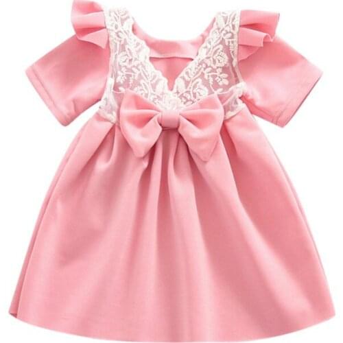 Summer Kids Girls Casual Short Sleeve Lace Bowknot Design Dress Costume Baby Children Dresses